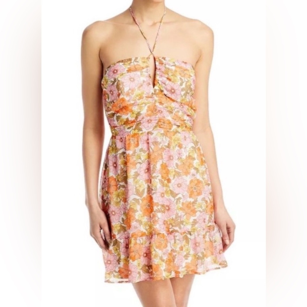 Nordstrom Floral Tie Neck Pink and Orange Mini Dress.